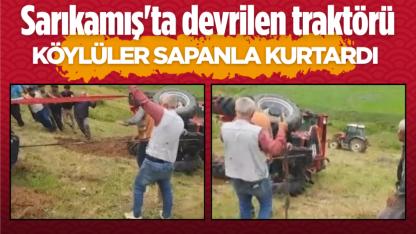 Sarıkamış'ta devrilen traktörü köylüler kurtardı